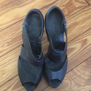 J Crew black leather peep toe heels